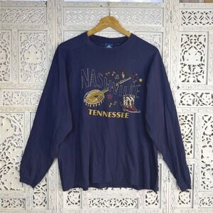 Vtg Nashville Long Sleeve Graphic T Shirt Sz L Rockabilly Rock N Roll Retro